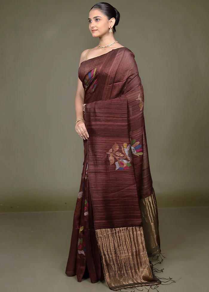 Brown Handloom Matka Pure Silk Saree With Blouse Piece - Image 4