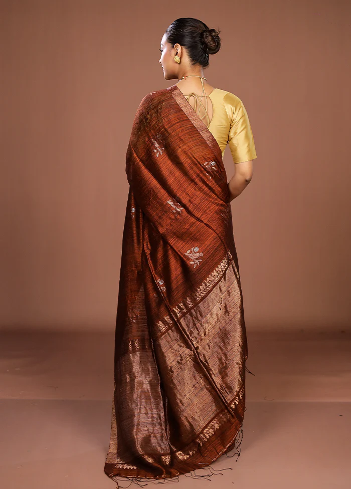 Brown Handloom Matka Pure Silk Saree With Blouse Piece - Image 3
