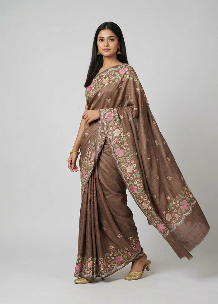 Brown Handloom Tussar Pure Silk Saree With Blouse Piece