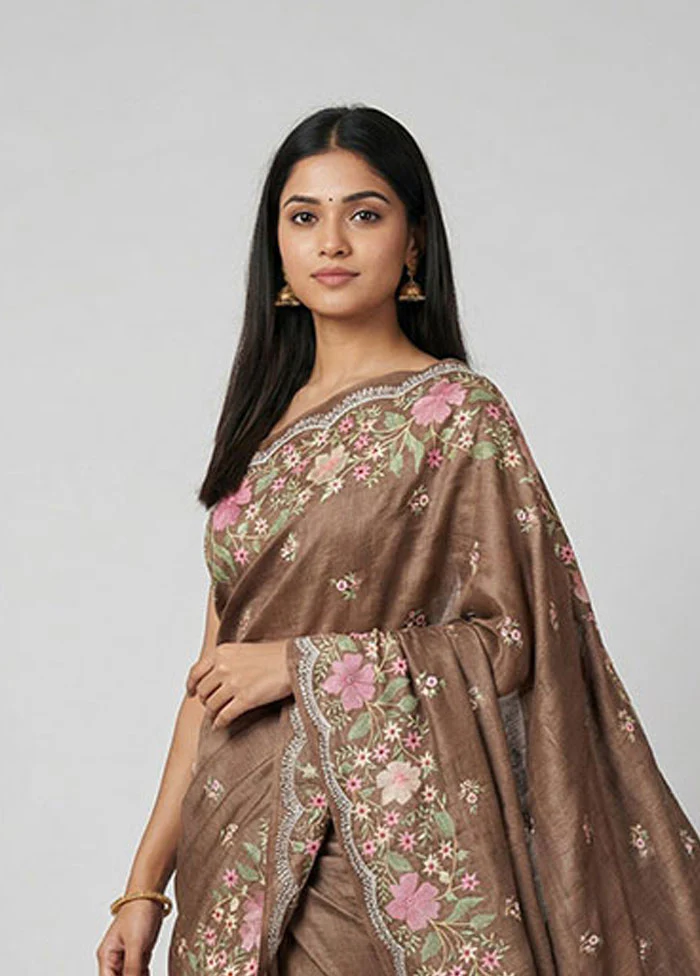 Brown Handloom Tussar Pure Silk Saree With Blouse Piece - Image 2