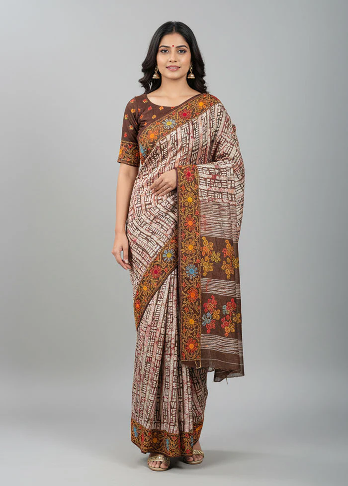 Brown Handloom Tussar Pure Silk Saree With Blouse Piece