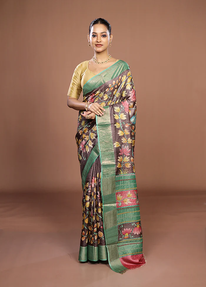 Brown Handloom Tussar Pure Silk Saree With Blouse Piece - Image 2