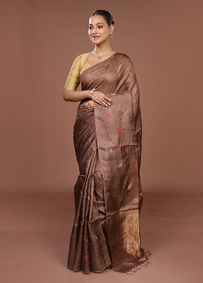Brown Handloom Tussar Pure Silk Saree With Blouse Piece - Image 4