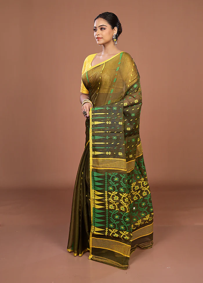 Brown Jamdani Cotton Saree Without Blouse Piece - Image 4