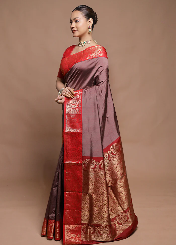 Brown Kanjivaram Silk Saree With Blouse Piece - Image 4