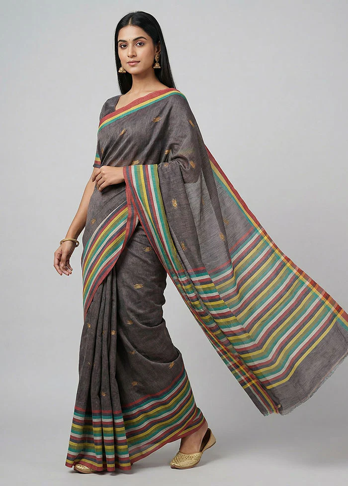 Brown Khadi Cotton Saree With Blouse Piece