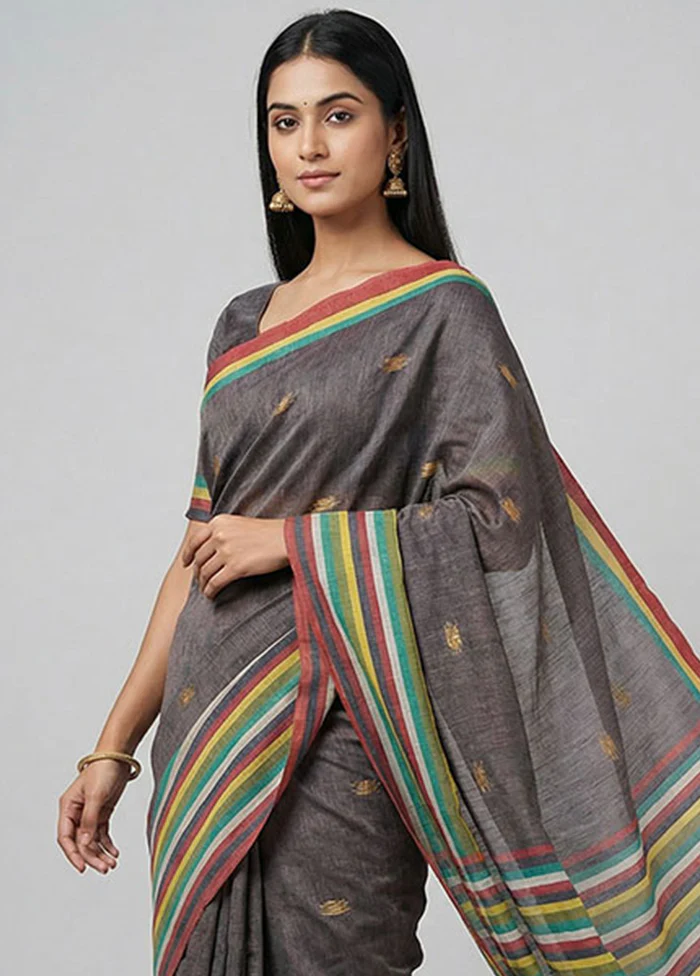 Brown Khadi Cotton Saree With Blouse Piece - Image 2
