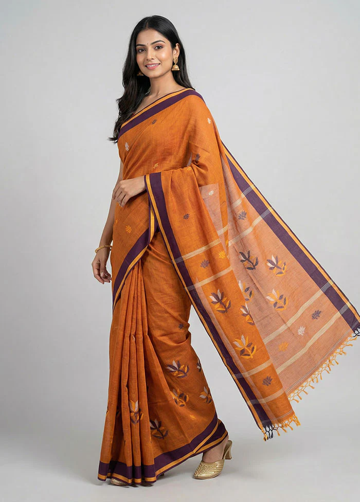 Brown Khadi Cotton Saree With Blouse Piece