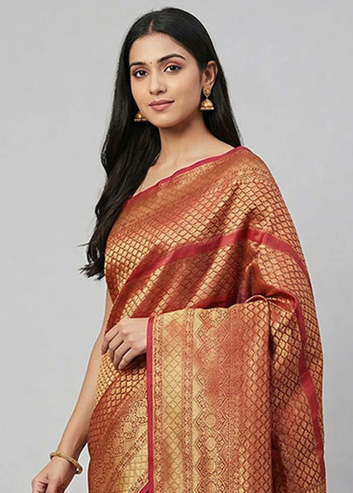 Brown Kora Silk Saree With Blouse Piece - Image 2