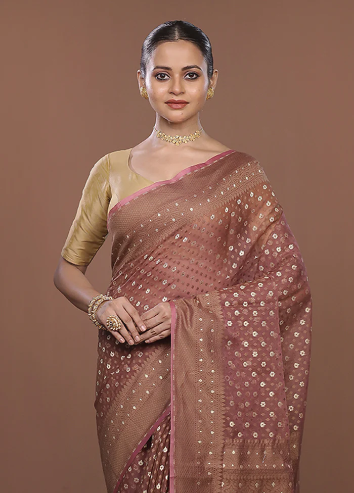 Brown Kora Silk Saree With Blouse Piece