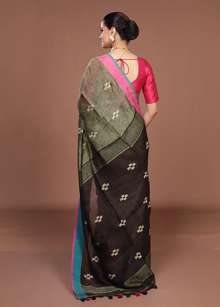 Brown Linen Silk Saree With Blouse Piece - Image 3