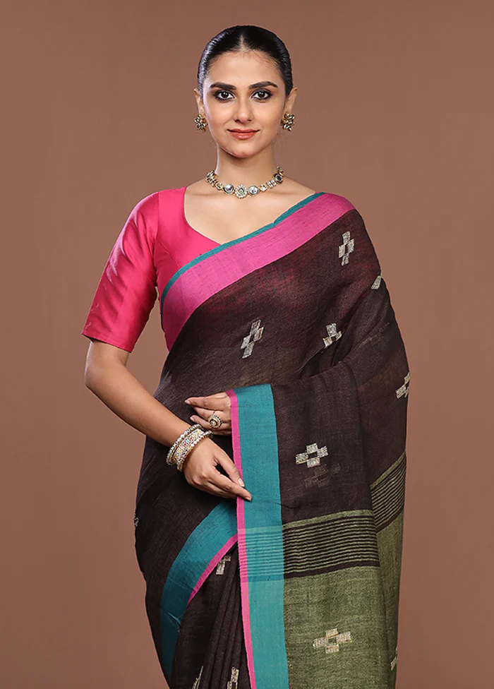 Brown Linen Silk Saree With Blouse Piece