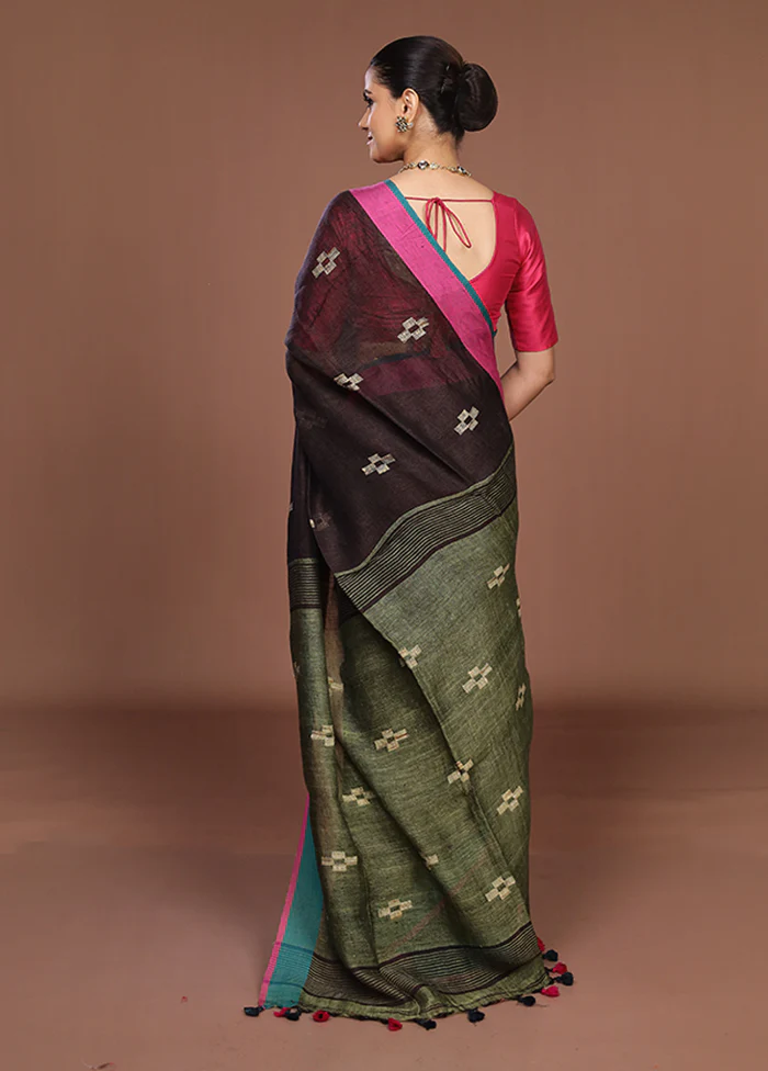 Brown Linen Silk Saree With Blouse Piece - Image 3