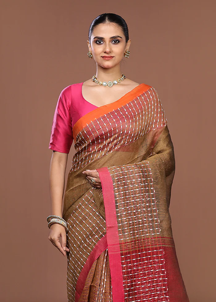 Brown Linen Silk Saree With Blouse Piece