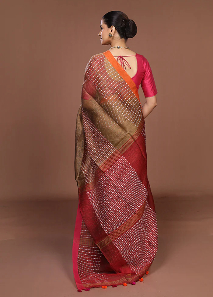 Brown Linen Silk Saree With Blouse Piece - Image 3