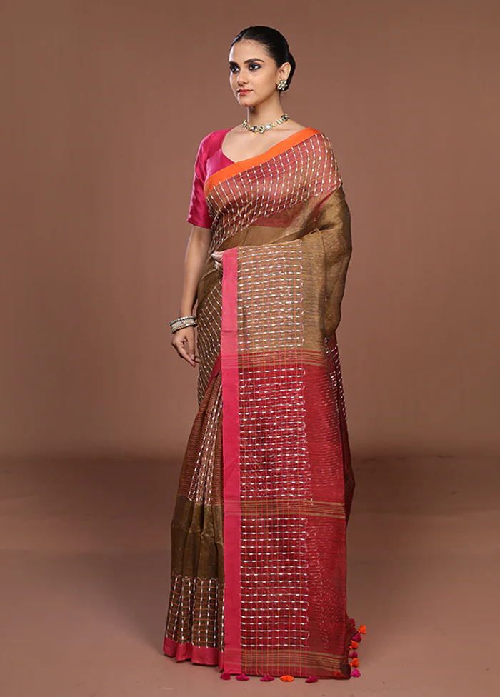 Brown Linen Silk Saree With Blouse Piece - Image 4