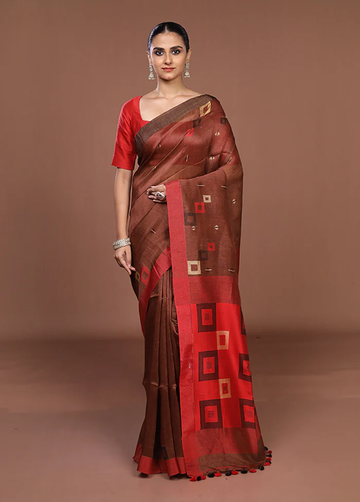 Brown Linen Silk Saree With Blouse Piece - Image 2