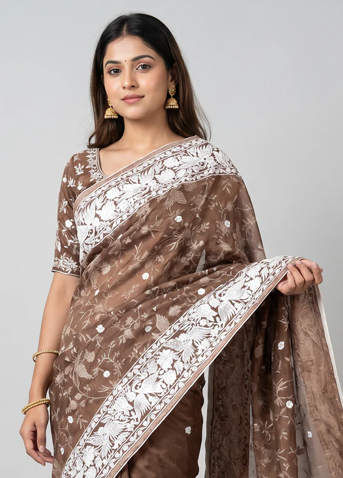 Brown Organza Saree With Blouse Piece - Image 2