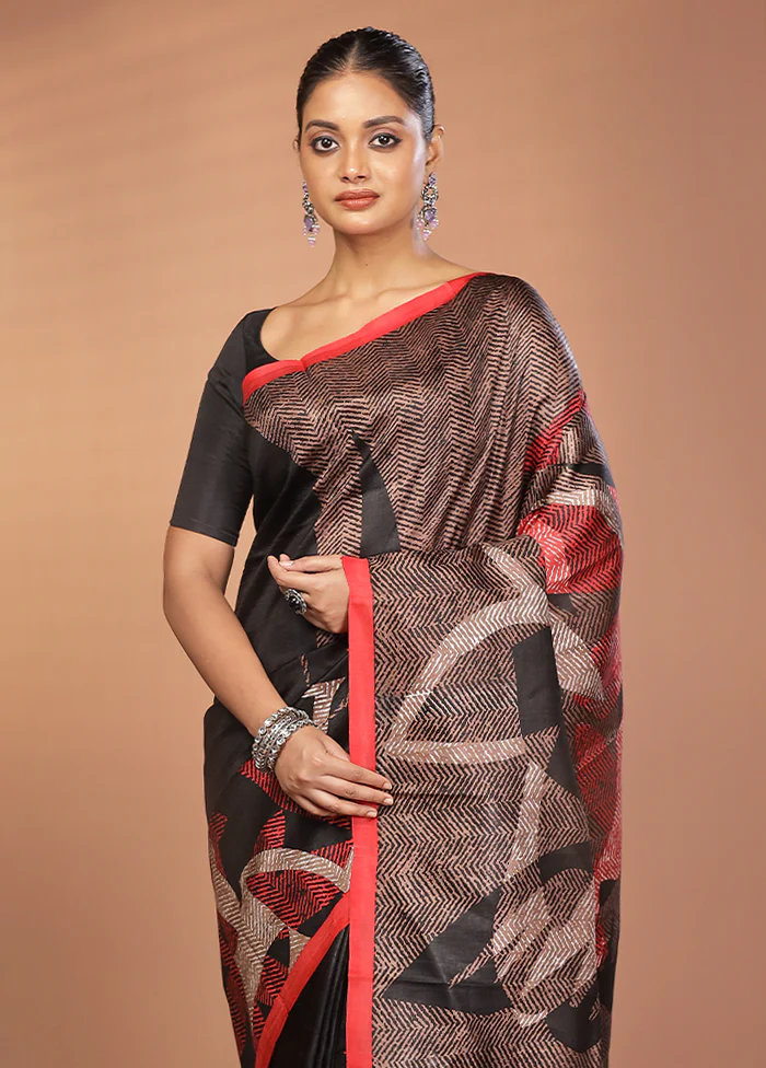 Black Printed Silk Saree Without Blouse Piece