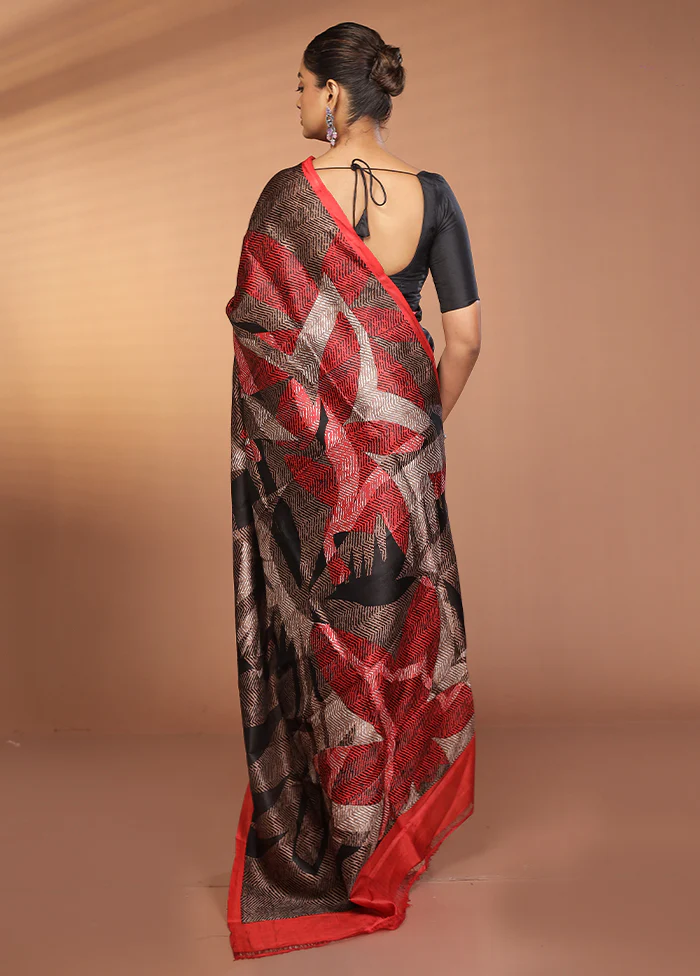 Black Printed Silk Saree Without Blouse Piece - Image 3