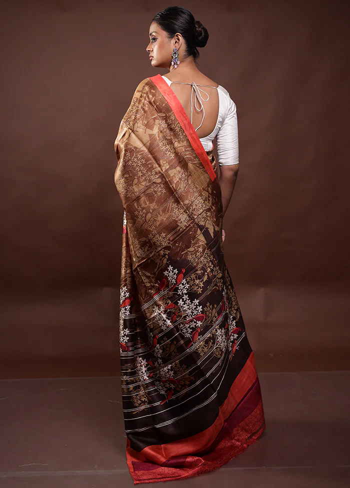 Brown Printed Pure Silk Saree Without Blouse Piece - Image 3
