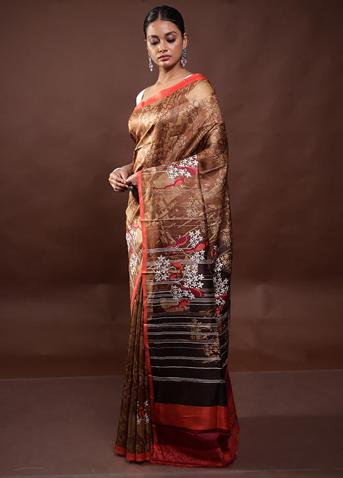 Brown Printed Pure Silk Saree Without Blouse Piece - Image 4