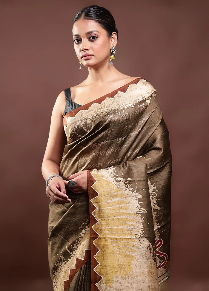 Brown Printed Pure Silk Saree Without Blouse Piece - Image 2
