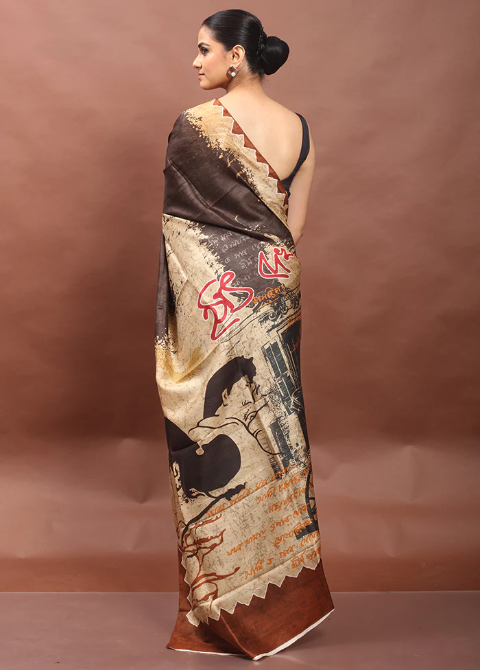Brown Printed Pure Silk Saree Without Blouse Piece - Image 3