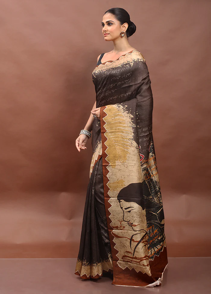 Brown Printed Pure Silk Saree Without Blouse Piece - Image 4