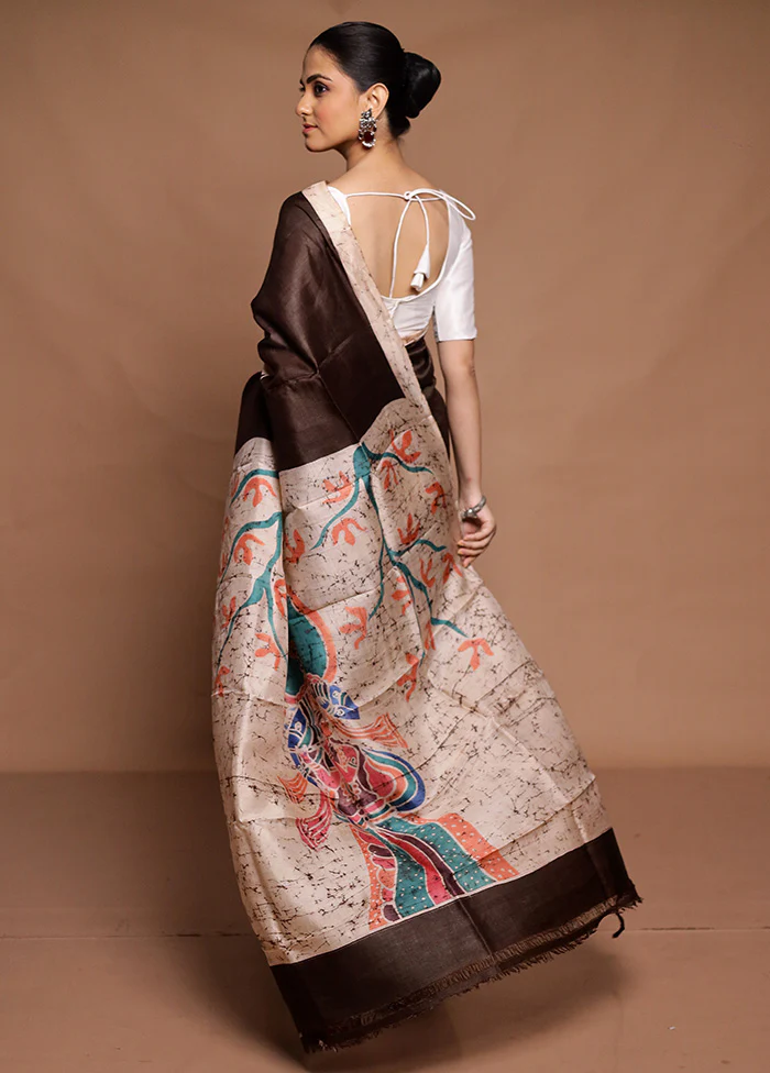 Brown Printed Silk Saree Without Blouse Piece - Image 3