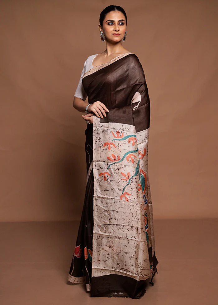 Brown Printed Silk Saree Without Blouse Piece - Image 4