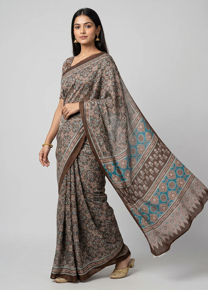 Brown Printed Silk Saree Without Blouse Piece