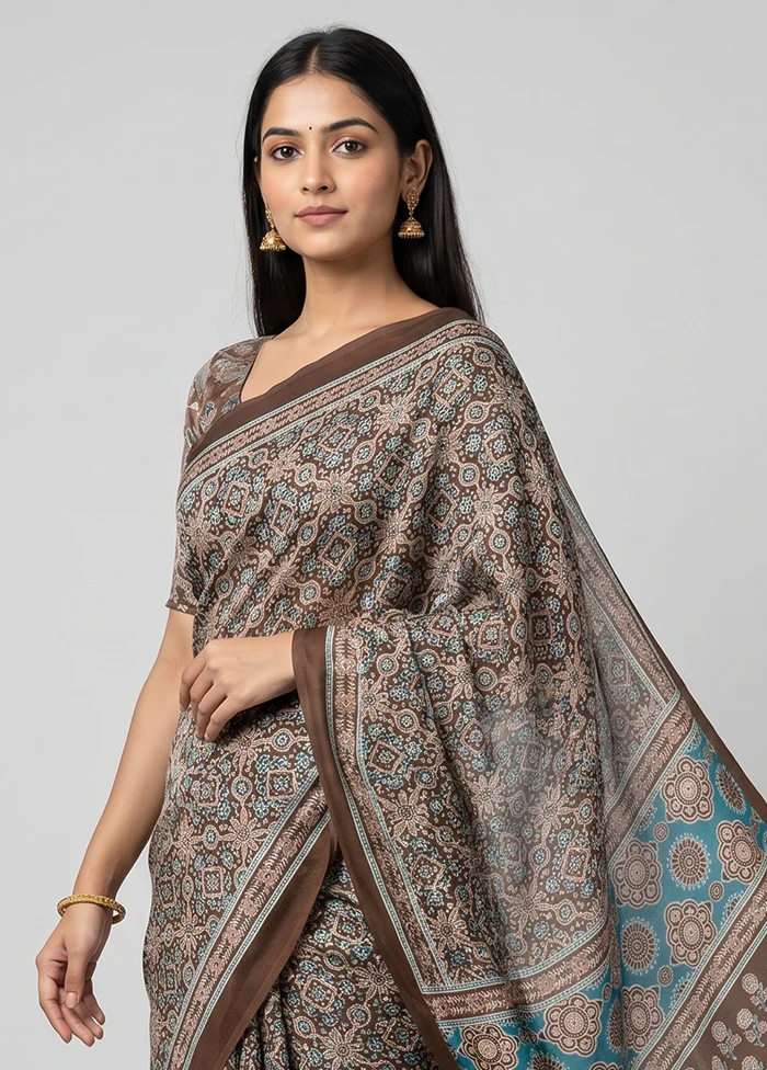 Brown Printed Silk Saree Without Blouse Piece - Image 2