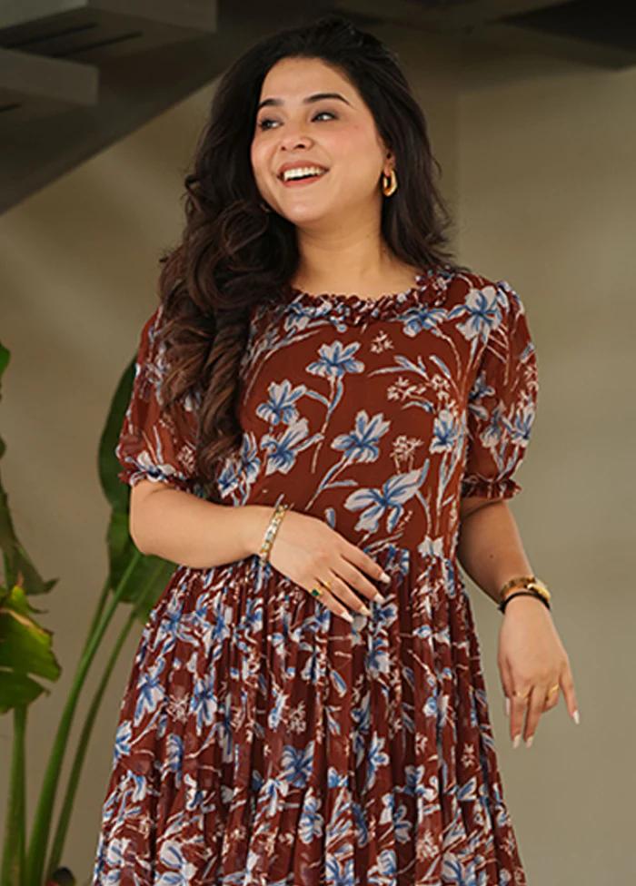 Brown Printed Work Georgette Kurti - Image 2