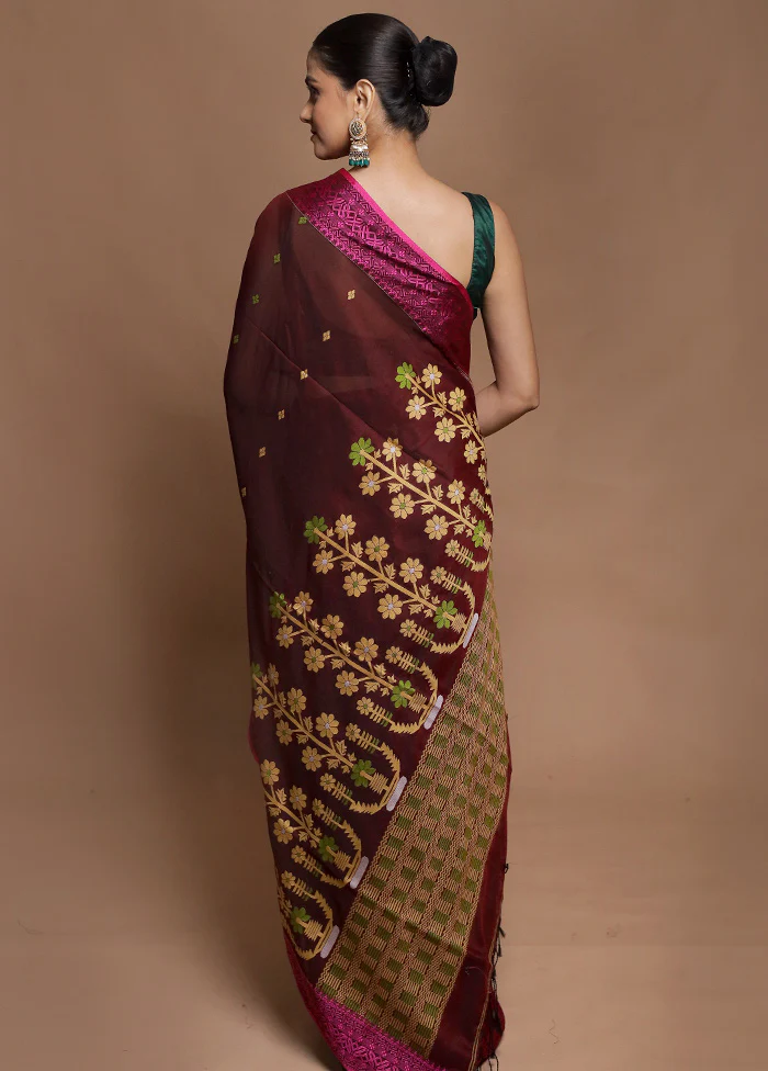 Brown Pure Cotton Saree With Blouse Piece - Image 3