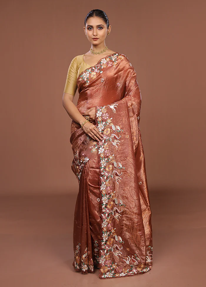 Brown Tissue Silk Saree With Blouse Piece - Image 2