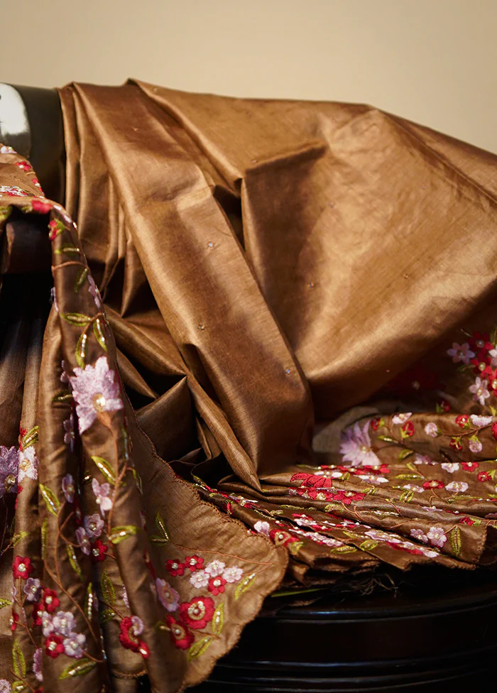 Brown Tussar Pure Silk Saree With Blouse Piece - Image 2
