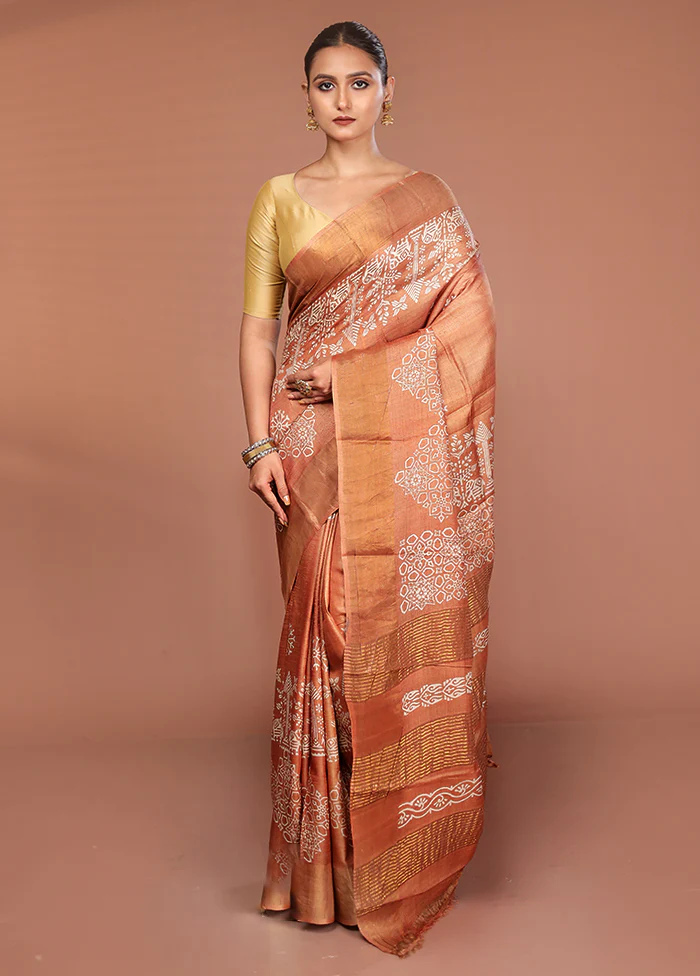 Brown Tussar Silk Saree With Blouse Piece - Image 2