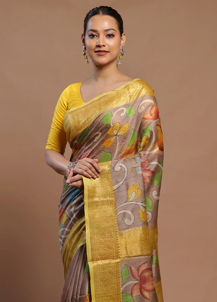 Brown Tussar Silk Saree With Blouse Piece - Image 2