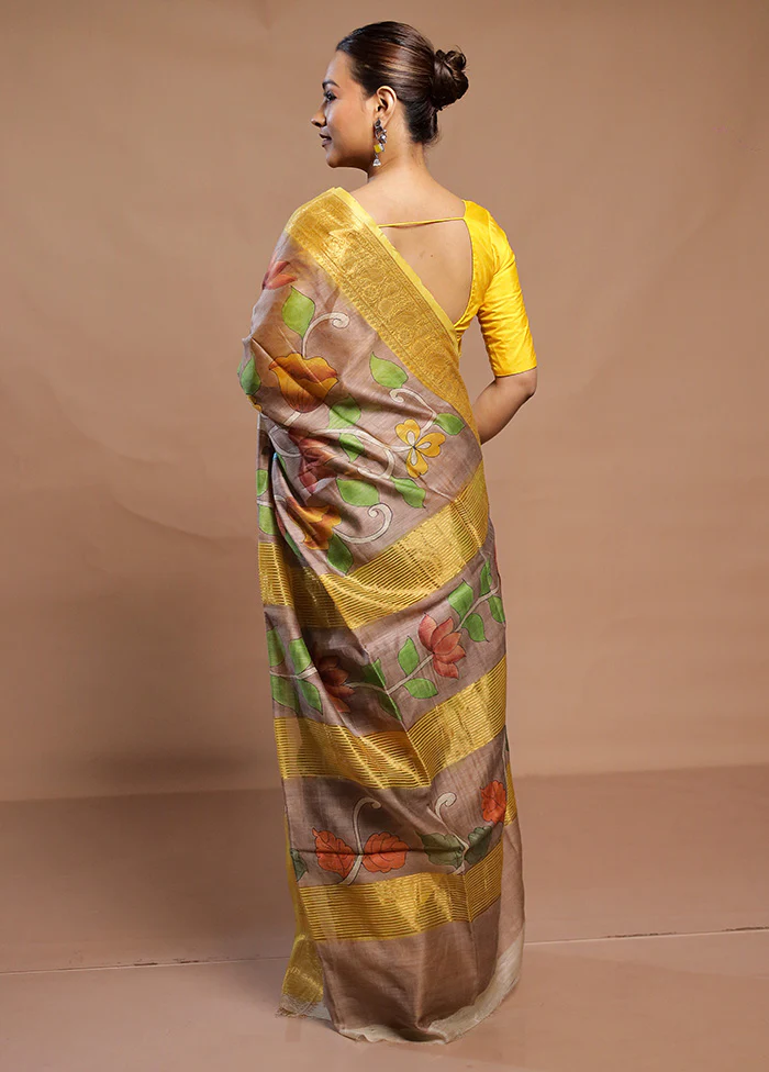 Brown Tussar Silk Saree With Blouse Piece - Image 3