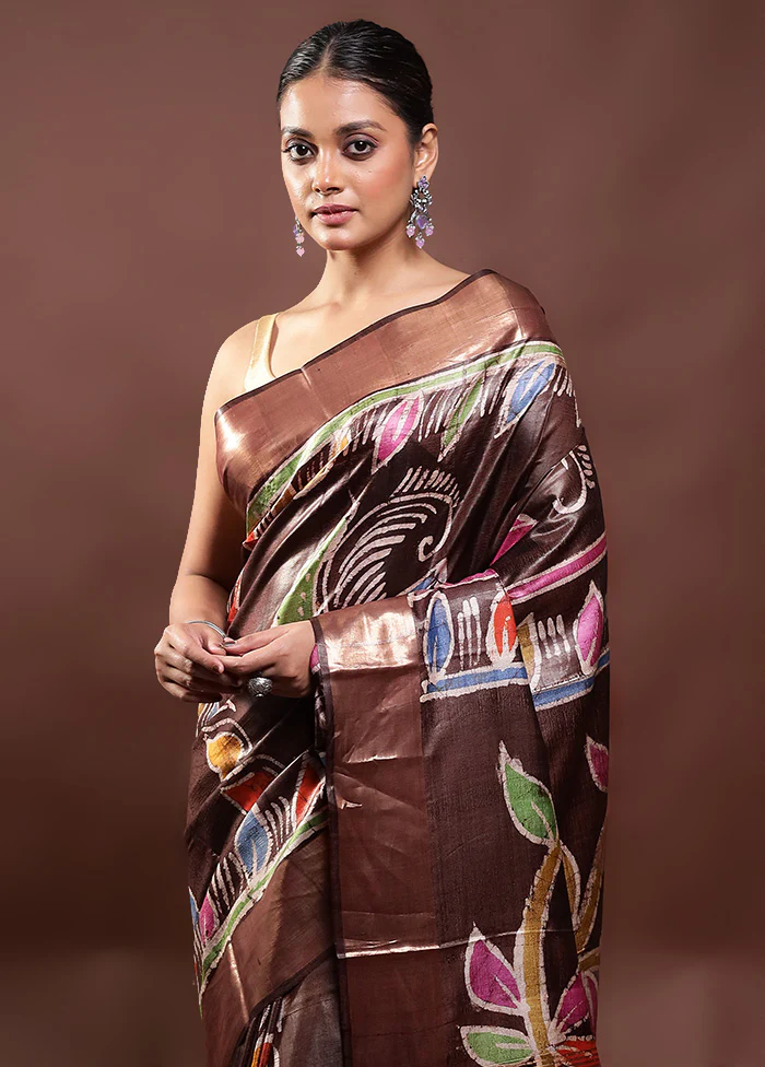 Brown Tussar Silk Saree With Blouse Piece - Image 2