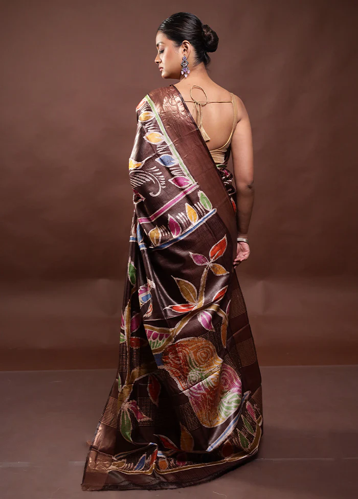 Brown Tussar Silk Saree With Blouse Piece - Image 3
