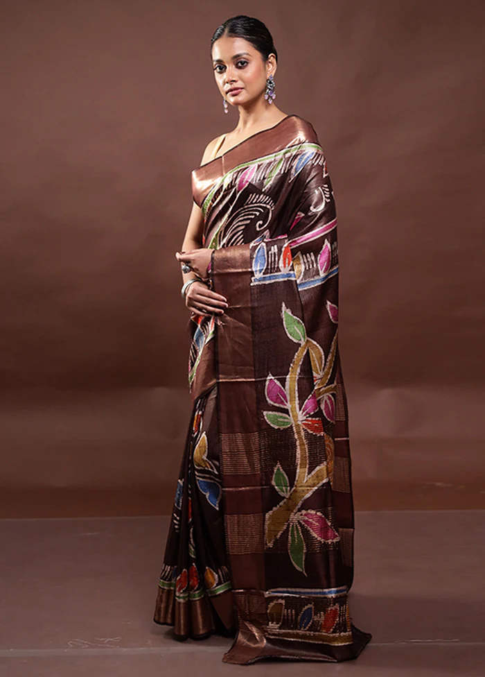Brown Tussar Silk Saree With Blouse Piece - Image 4