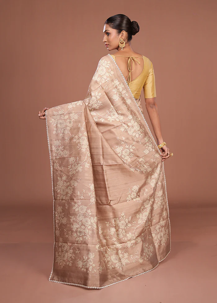 Brown Tussar Silk Saree With Blouse Piece - Image 3