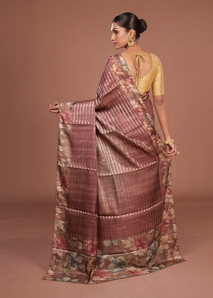 Brown Tussar Silk Saree With Blouse Piece - Image 3
