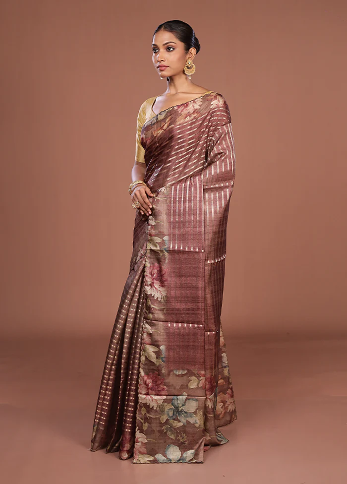 Brown Tussar Silk Saree With Blouse Piece - Image 4