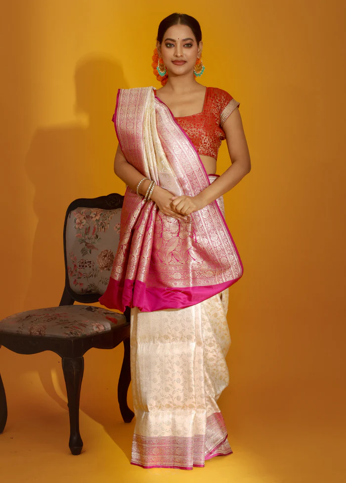 Cream Banarasi Pure Silk Saree With Blouse Piece - Image 2