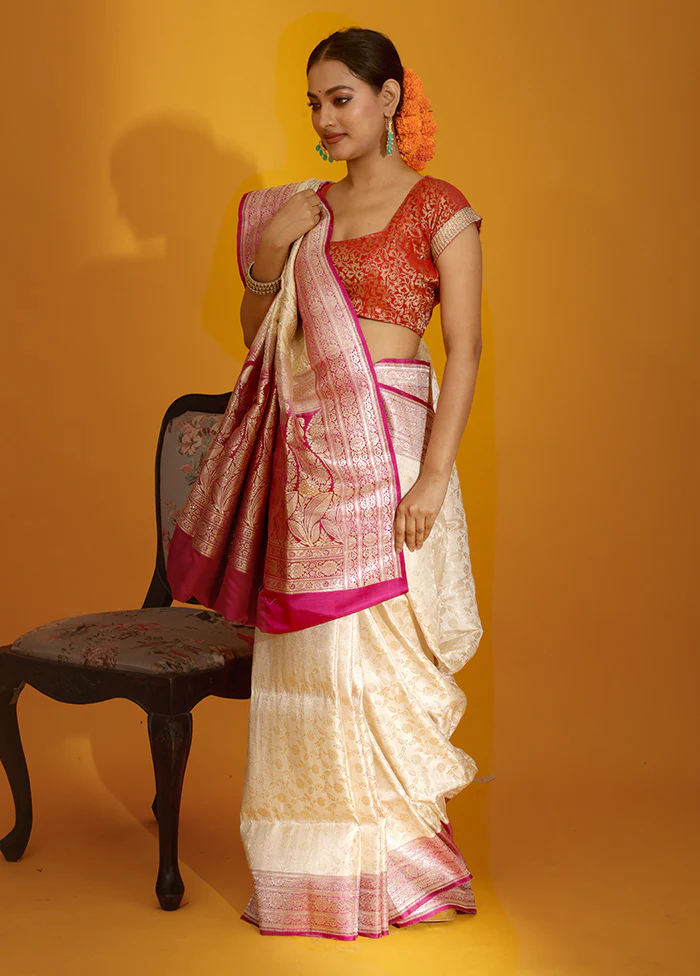 Cream Banarasi Pure Silk Saree With Blouse Piece - Image 5