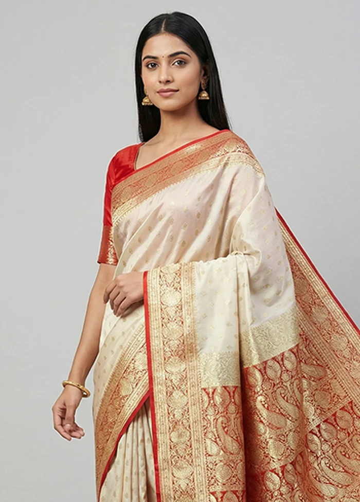 Cream Banarasi Silk Saree With Blouse Piece - Image 2