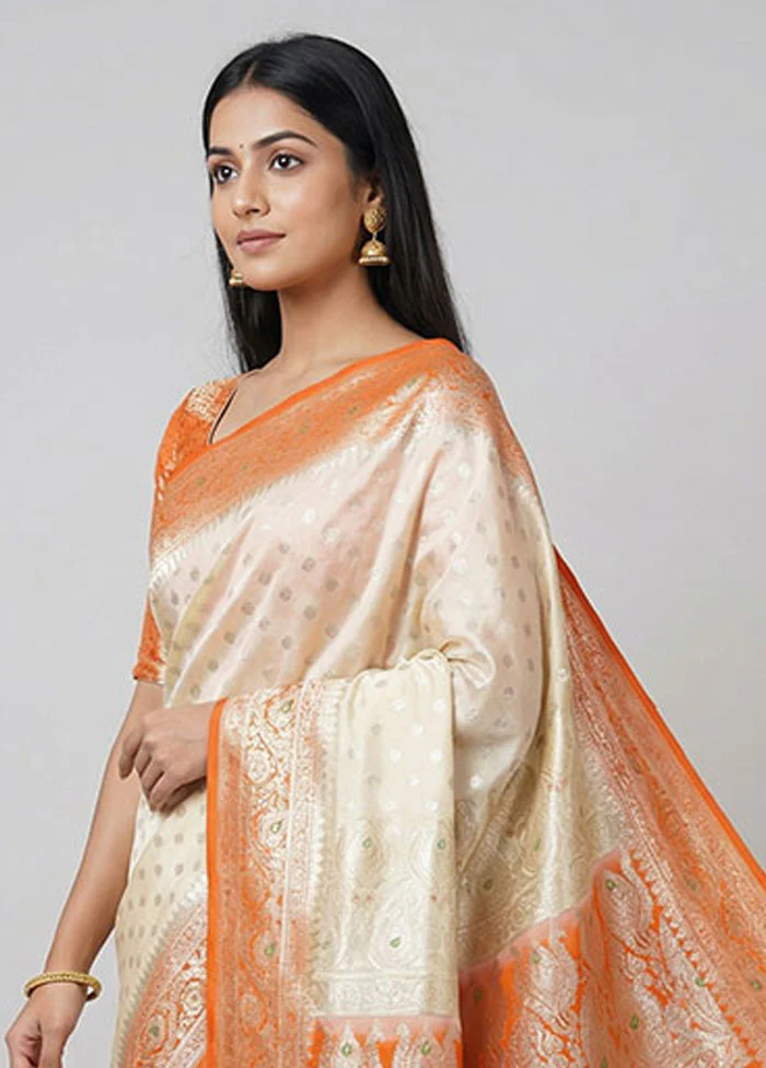 Cream Banarasi Silk Saree With Blouse Piece - Image 2